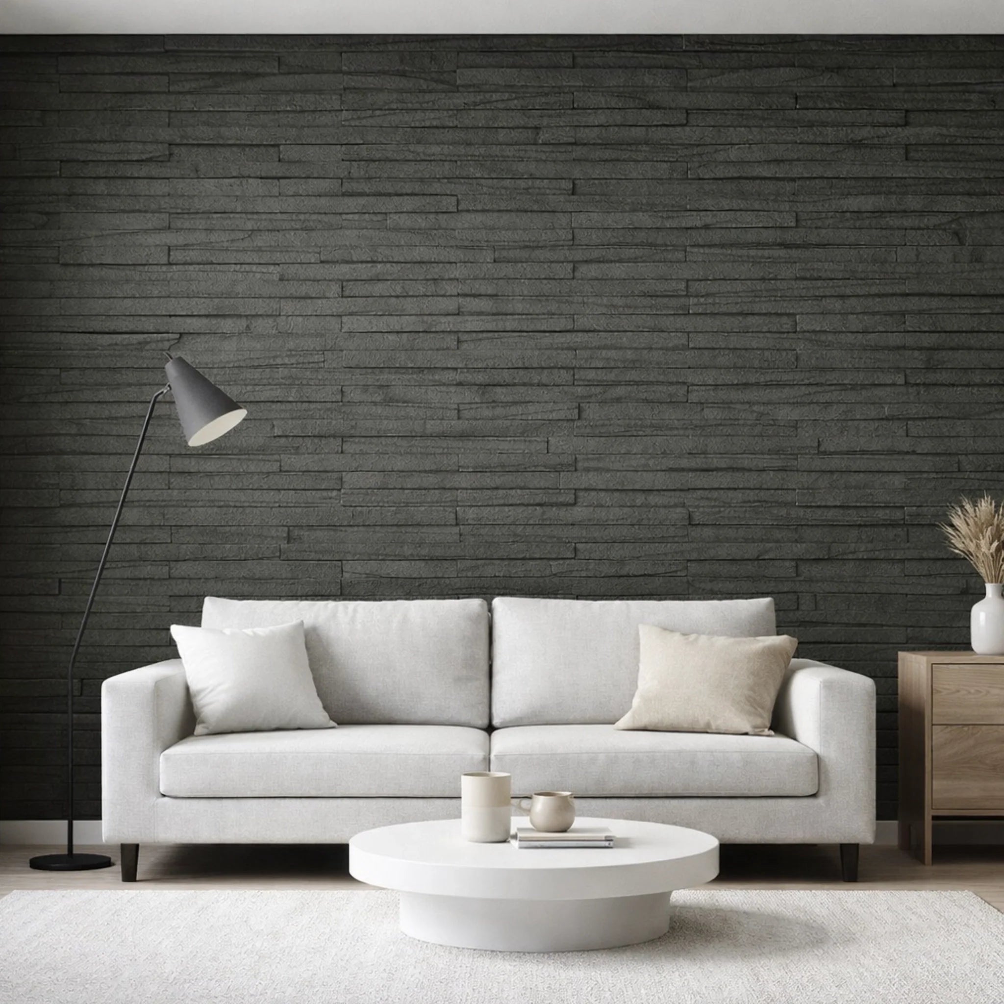 flexistone peel and stick wall panels in a living room setting with furnishings