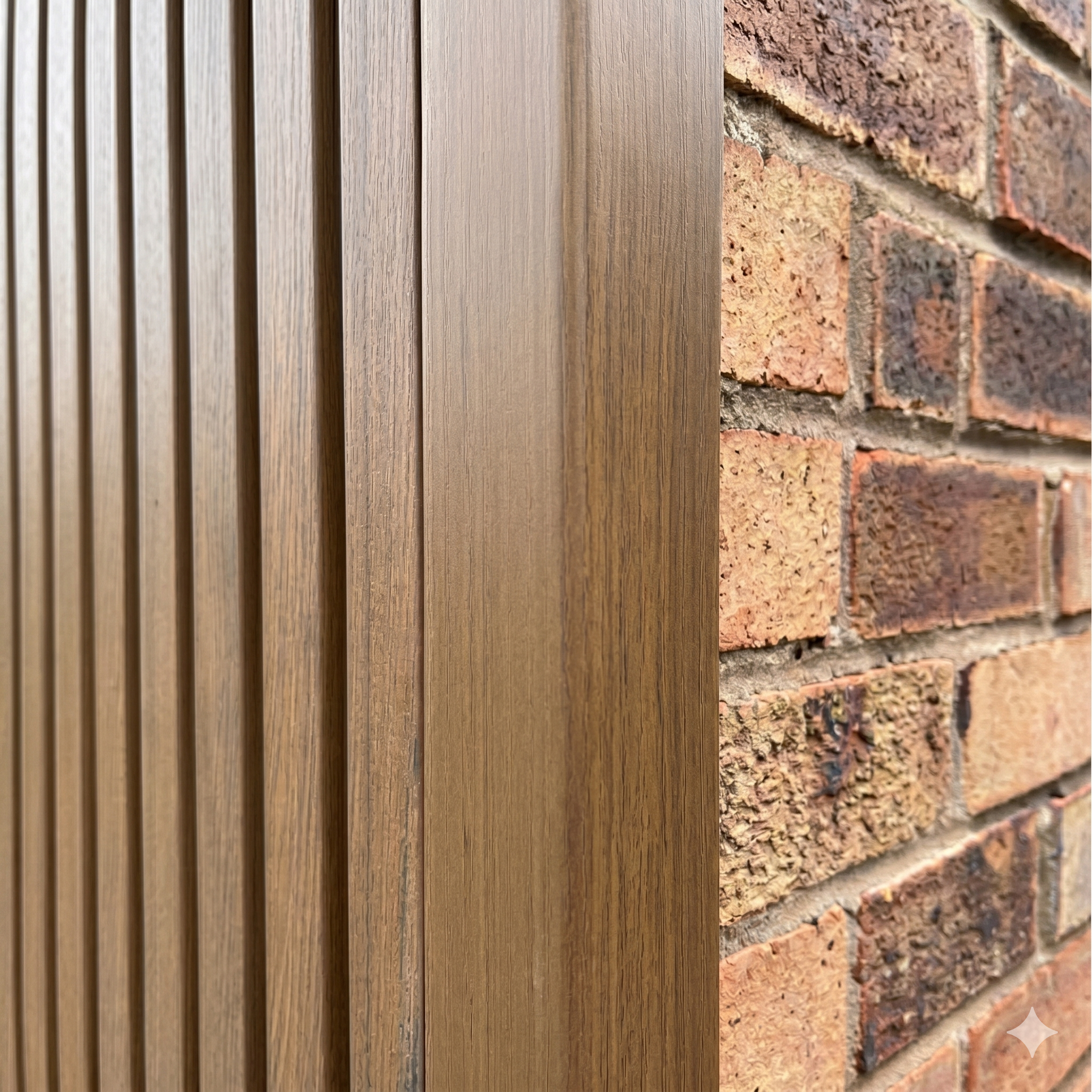 Composite Cladding Trim Close Up On a Brick Wall