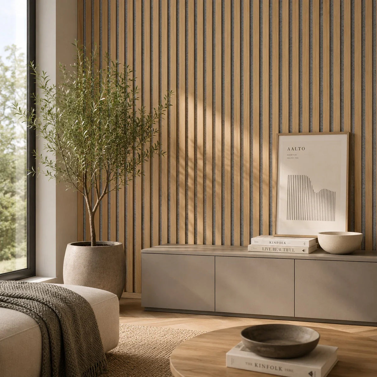 oak acoustic wall panel in situ