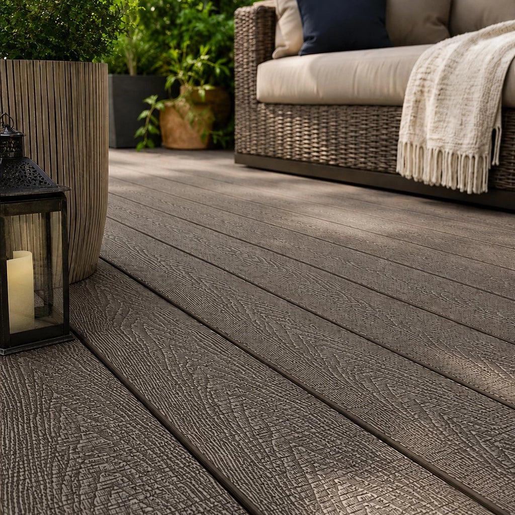 antique ash composite decking boards in a garden setting