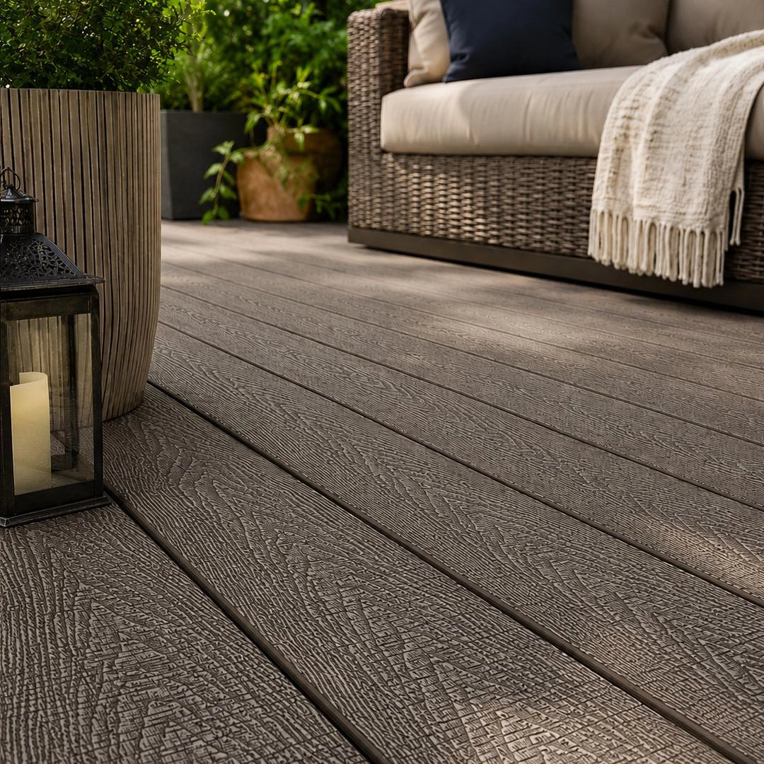 antique ash composite decking boards in a garden setting