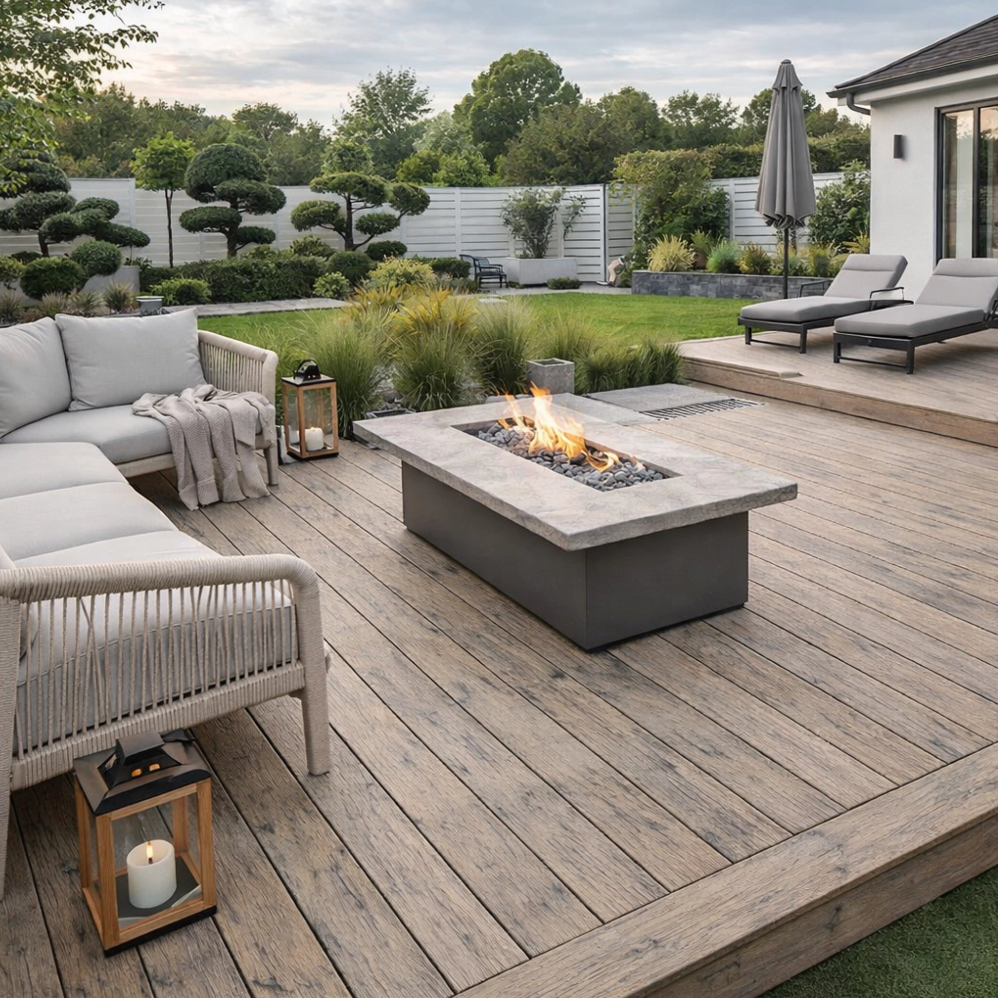 Outdoor patio with fire pit, lounge chairs, and lanterns on a beige driftwood composite deck.