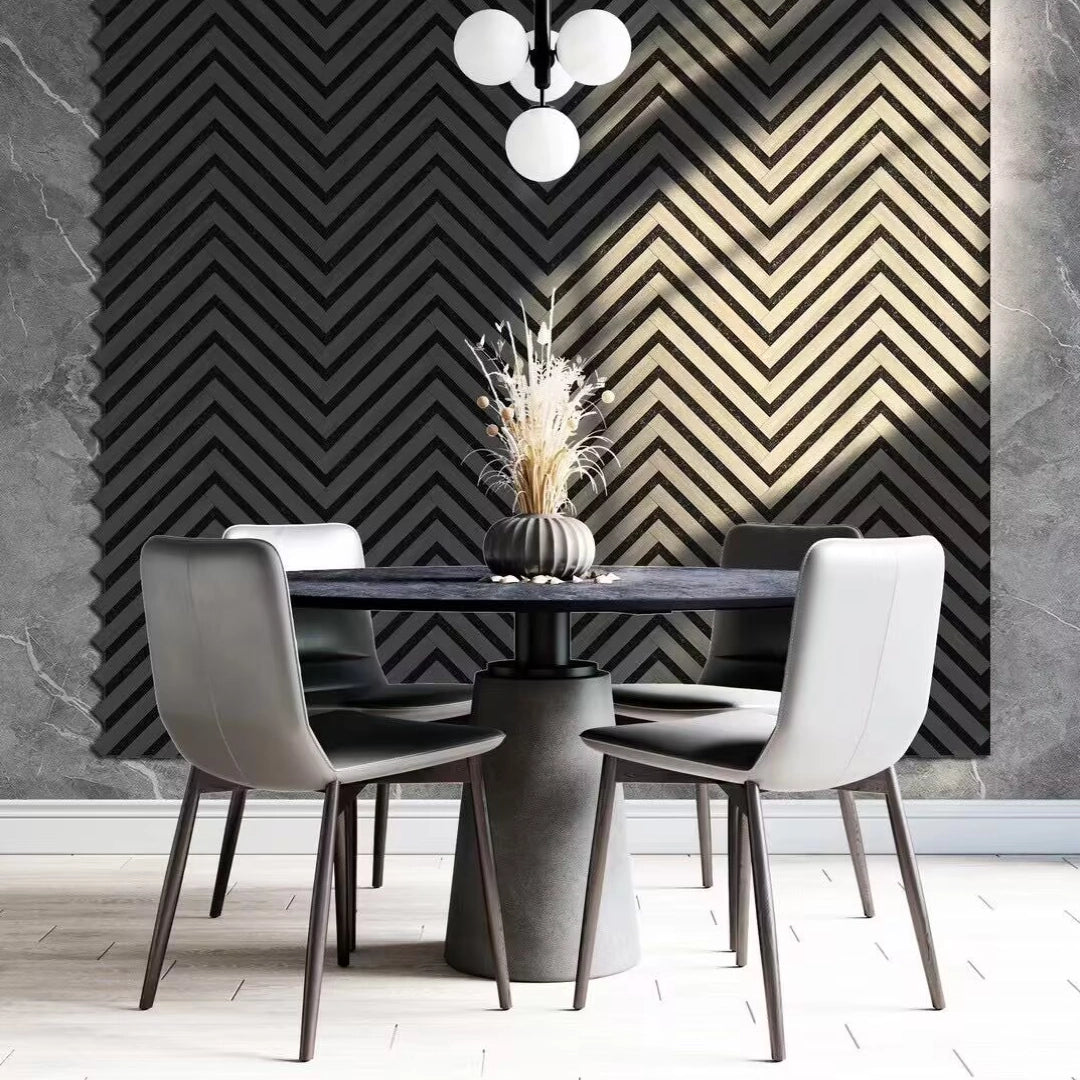 Black Oak Herringbone Acoustic Wall Panel with tables and chairs