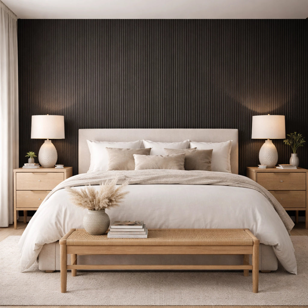 Flexistone Charcoal Line Stone feature wall in bedroom with furnishings