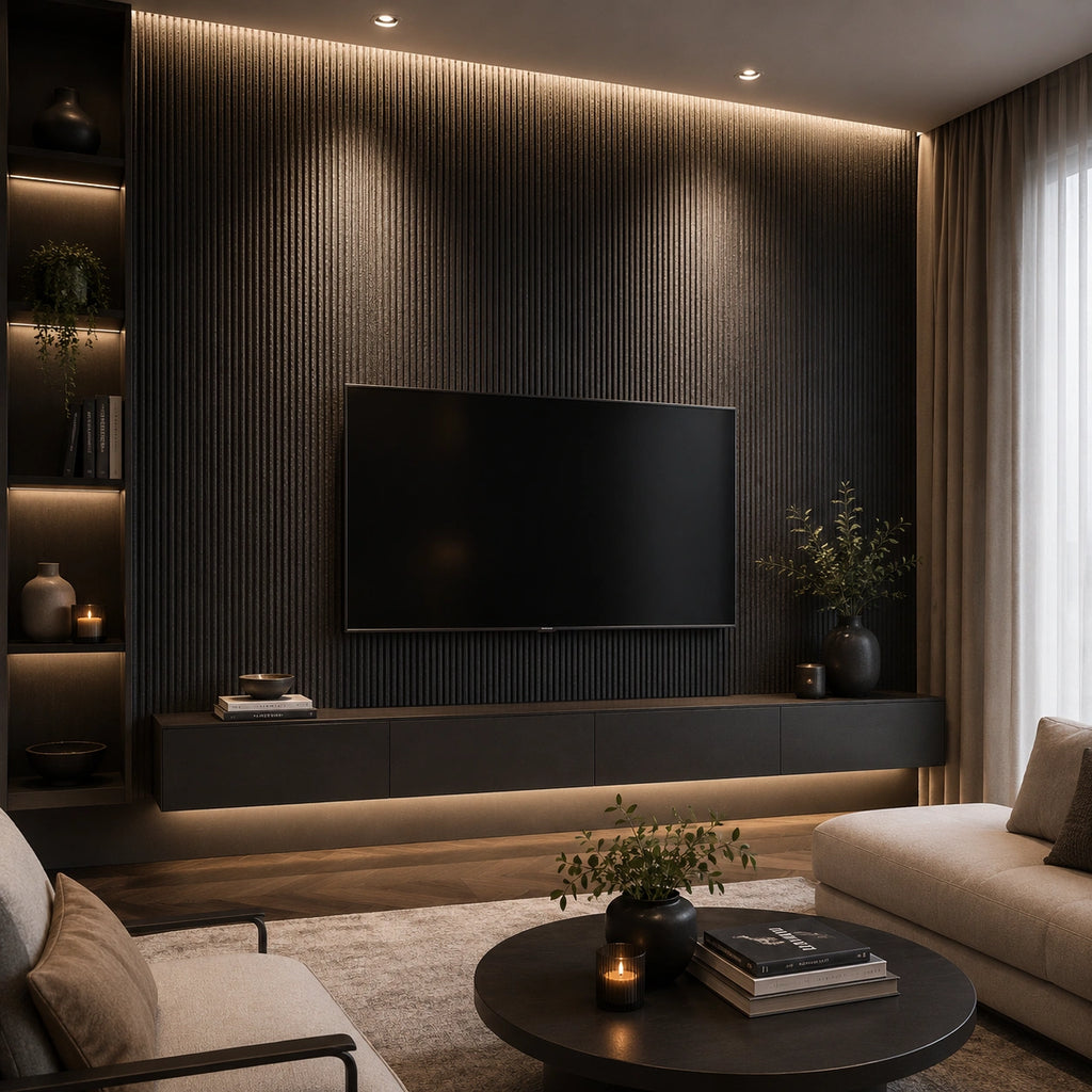 Modern living room with a television mounted on a Charcoal line stone Flexistone Veneer wall, shelves, and a sofa.