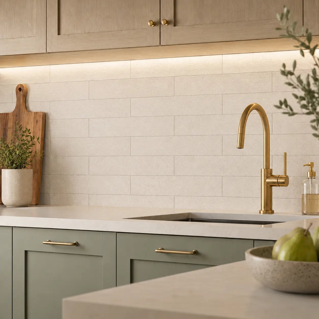 classicTravertine Flexistone Peel And Stick  splashback in a kitchen with a tap and kitchen furnishings