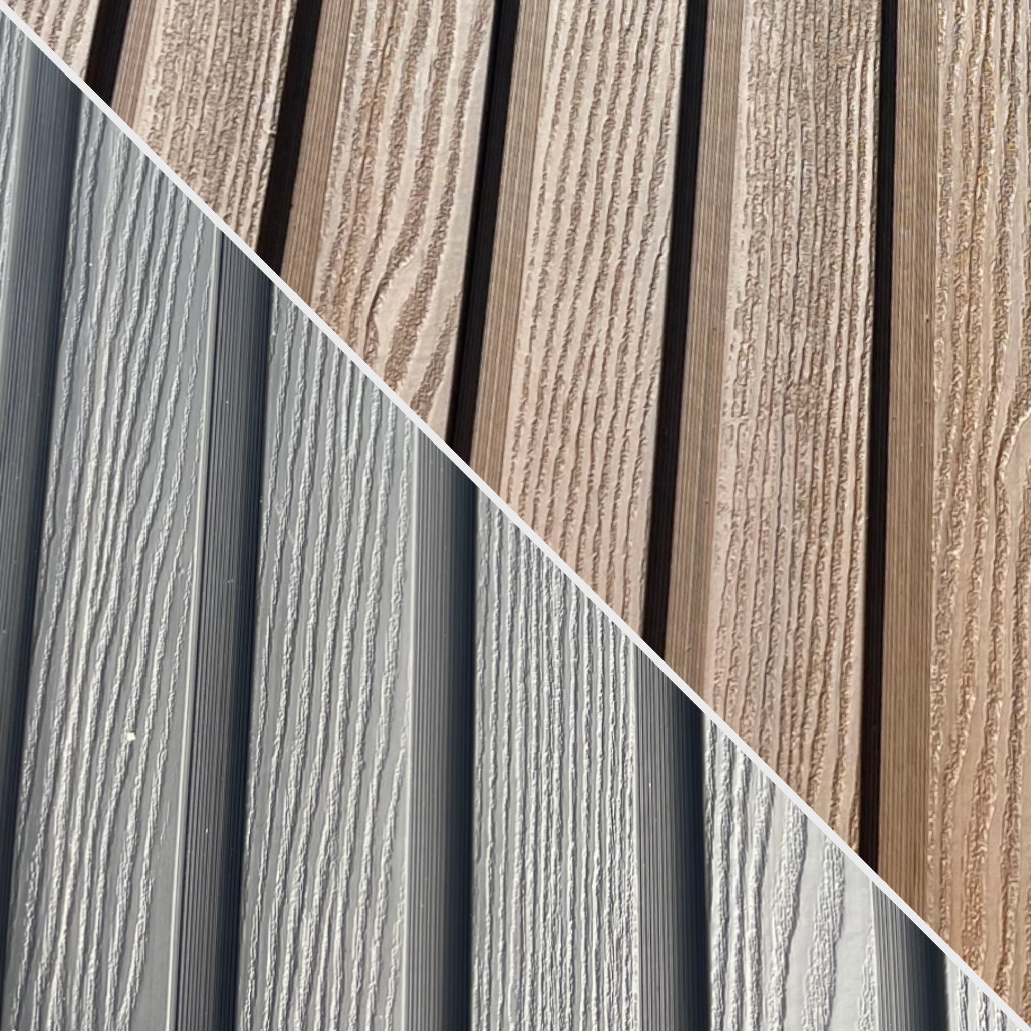 Close-up of two different wood panel textures, one brown and one gray.