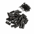 Collection of black plastic brackets and screws on a white background