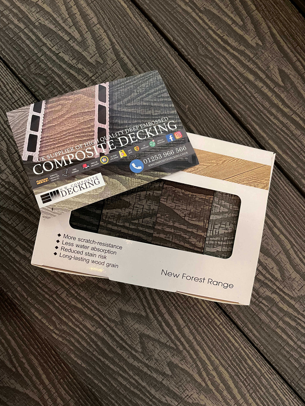 Packaging of composite decking  samples on a wooden surface