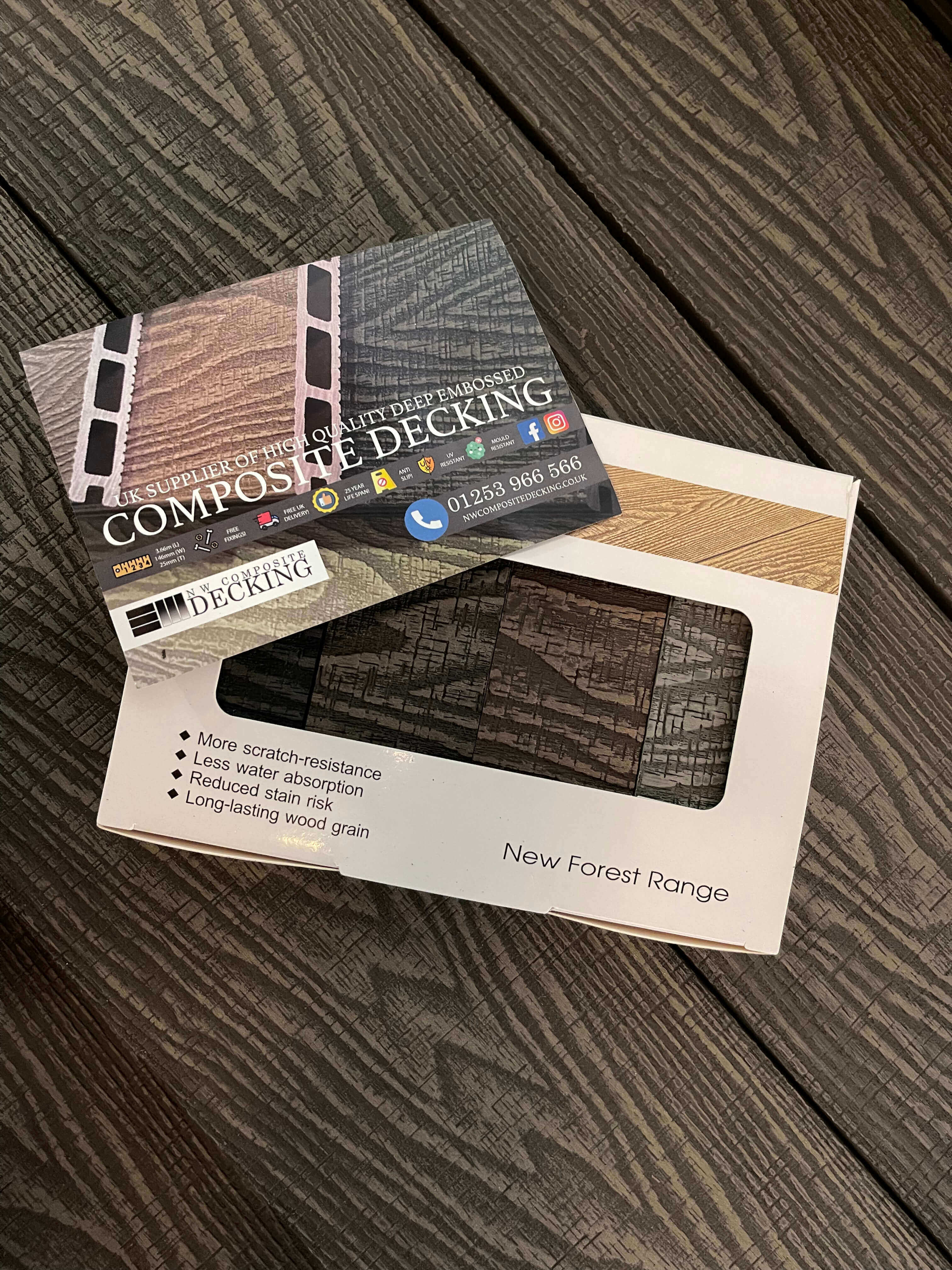 Packaging of composite decking  samples on a wooden surface