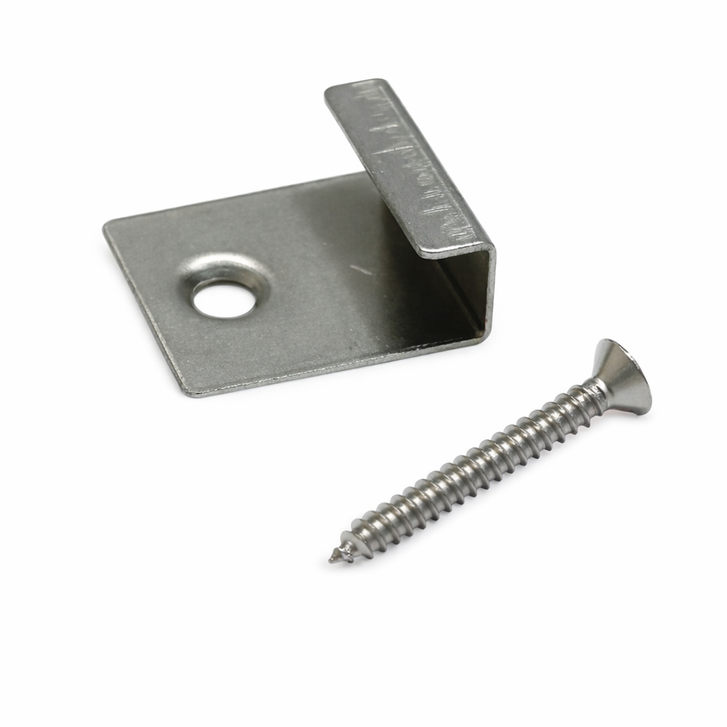 Metal corner brace and screw on a white background
