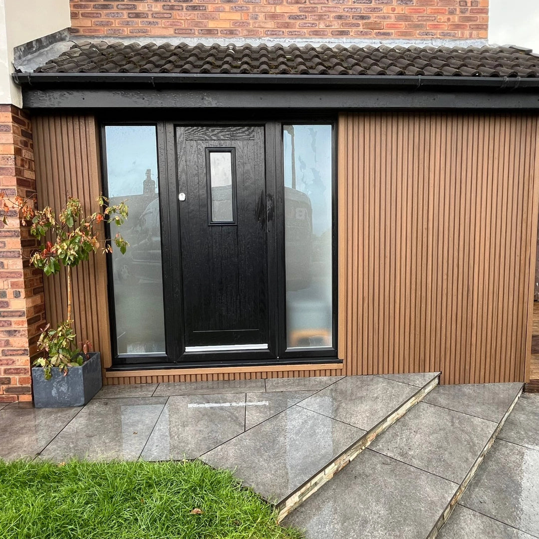 Teak Co-Extrusion Composite Cladding Black Front Door Front Of House