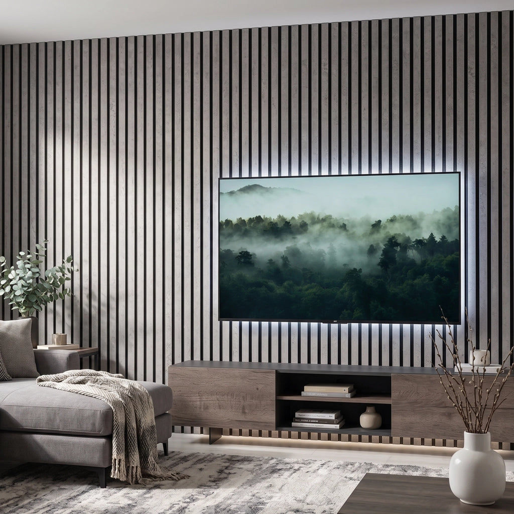 Living room with a large TV displaying a nature scene, concrete grey acoustic wall panelled wall, and gray sofa.