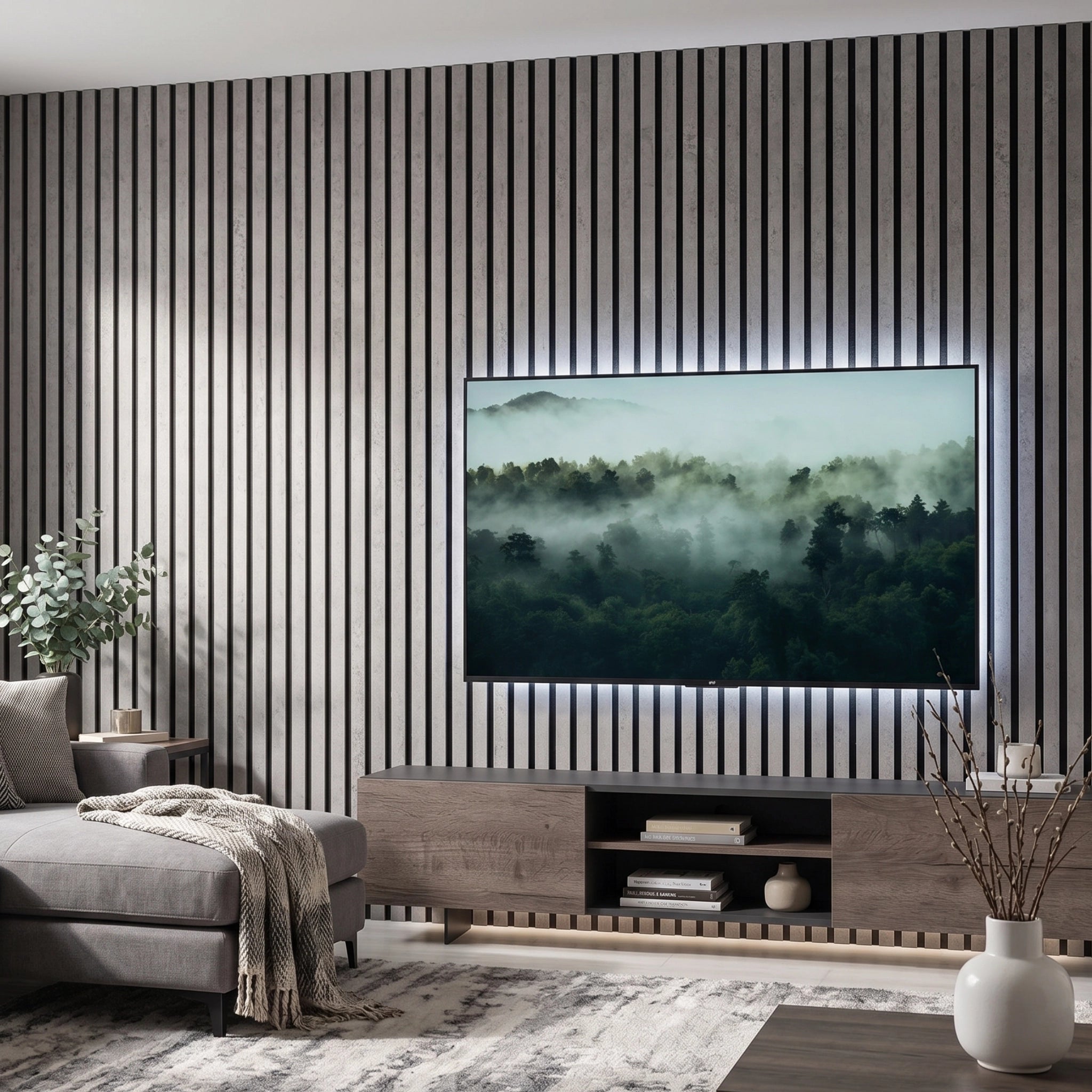 Living room with a large TV displaying a nature scene, concrete grey acoustic wall panelled wall, and gray sofa.