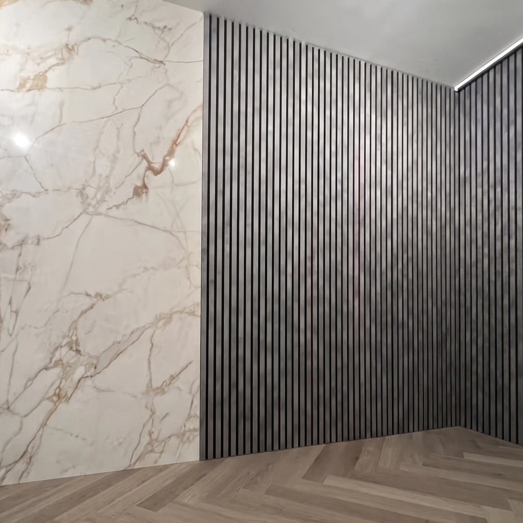 Modern interior with marble wall and concrete grey acoustic wall panel wall and wooden floor