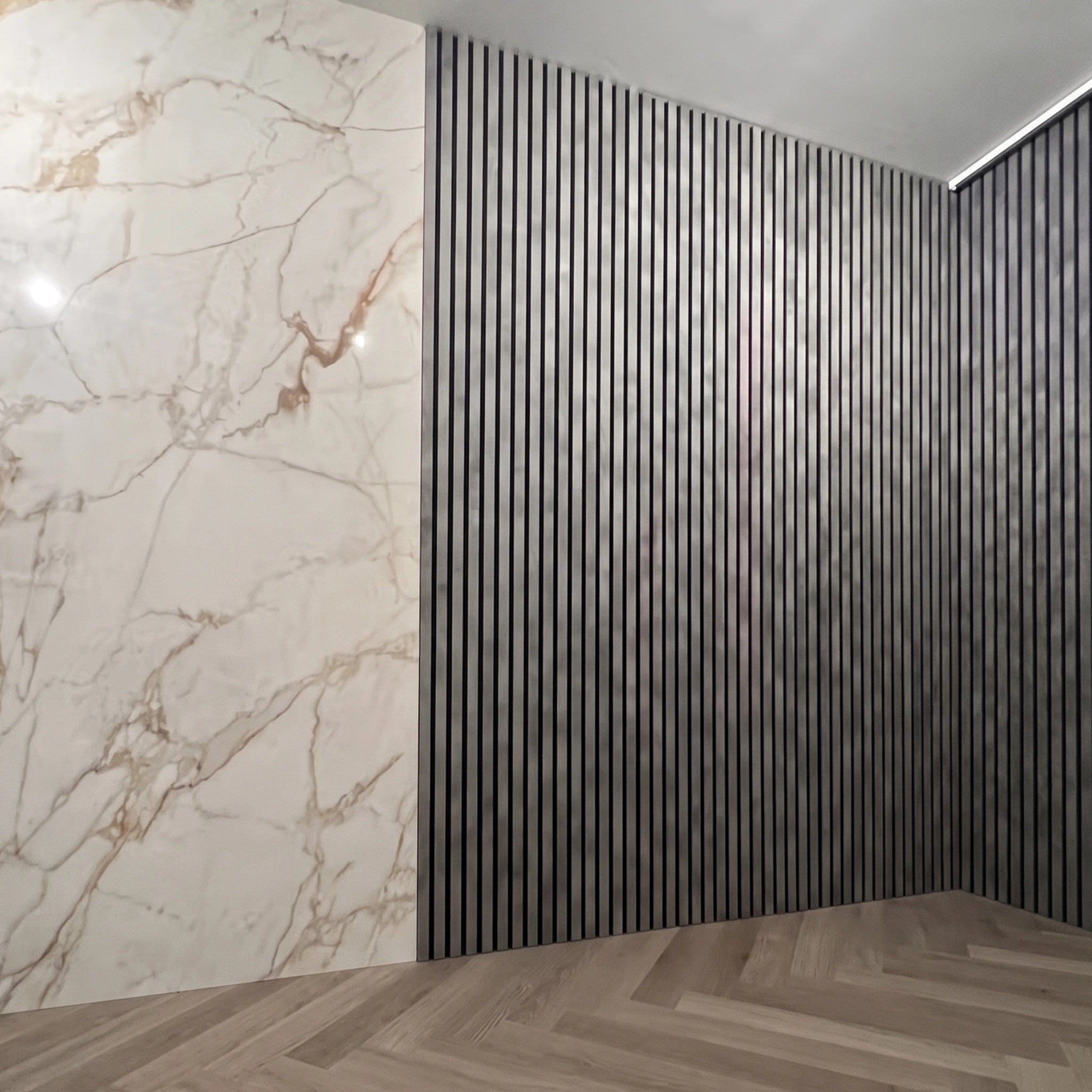 Modern interior with marble wall and concrete grey acoustic wall panel wall and wooden floor