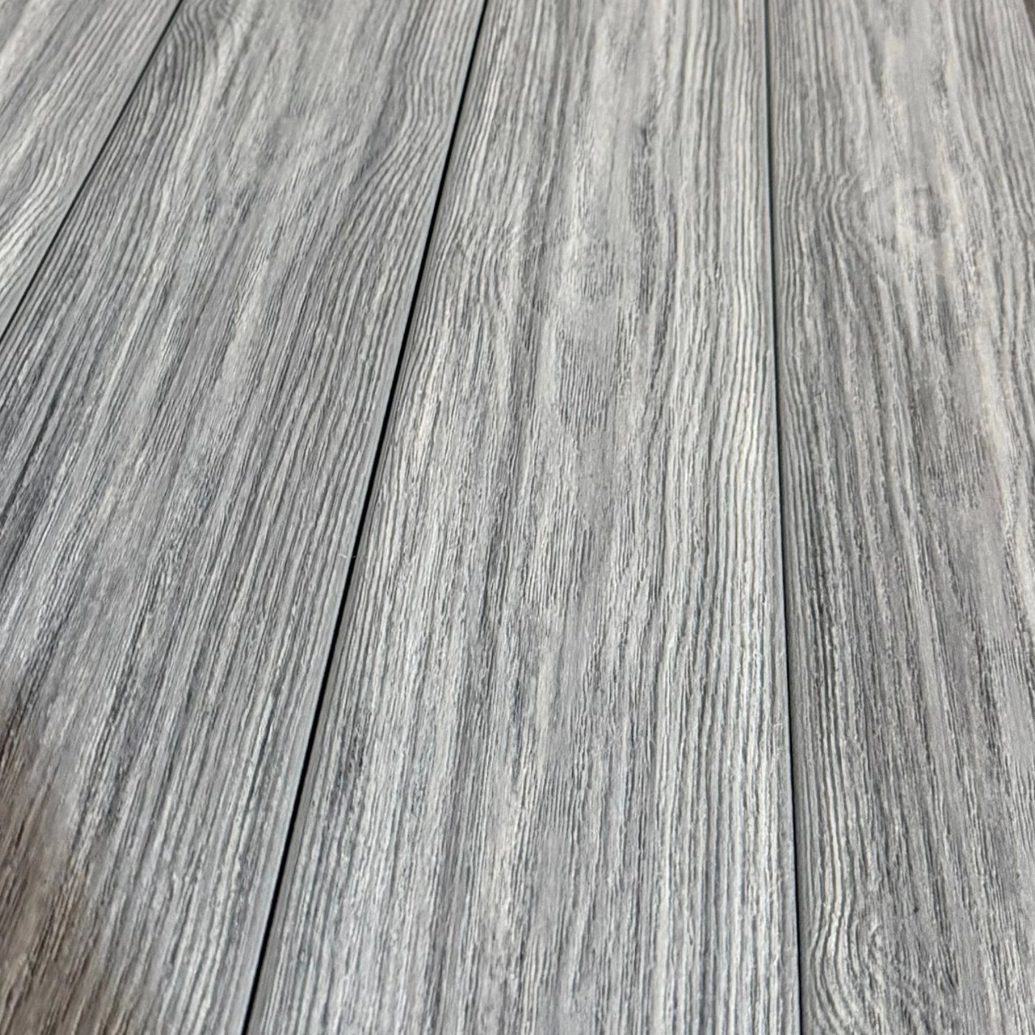 grey premium dual-capped composite decking boards close up