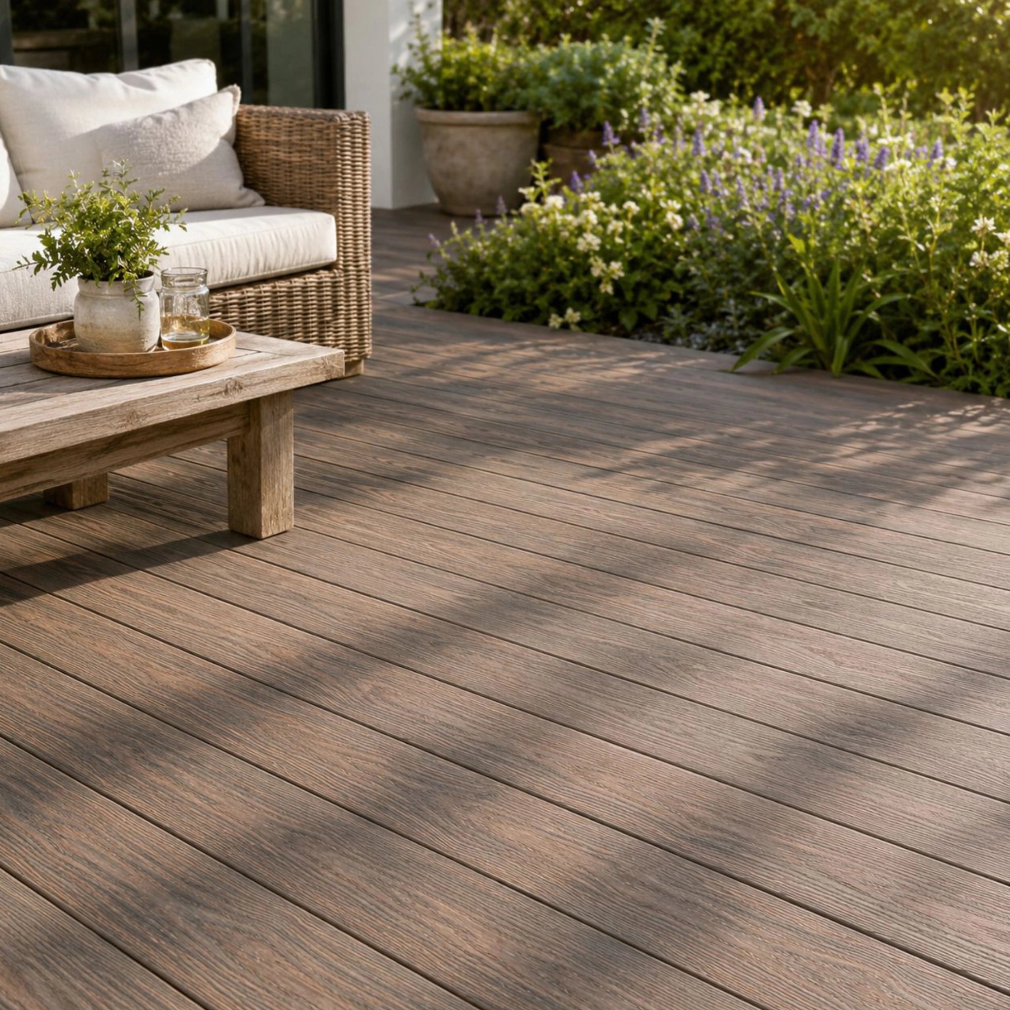 premium dual capped elm composite decking boards in a garden setting