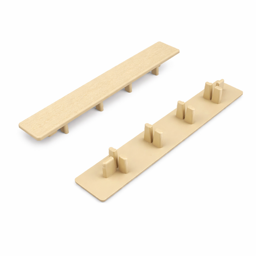 two beige driftwood composite decking end caps