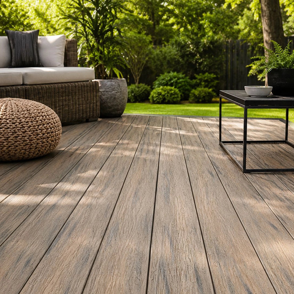 Beige driftwood composite decking lifestyle image