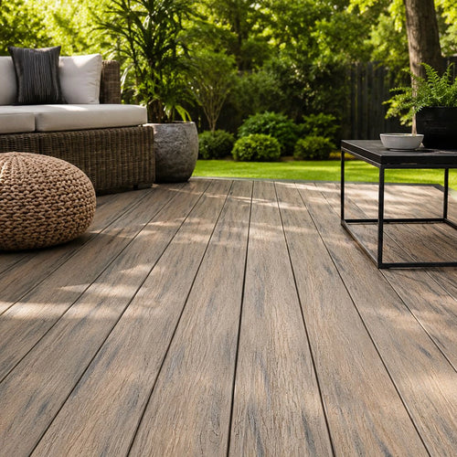 Beige driftwood composite decking lifestyle image
