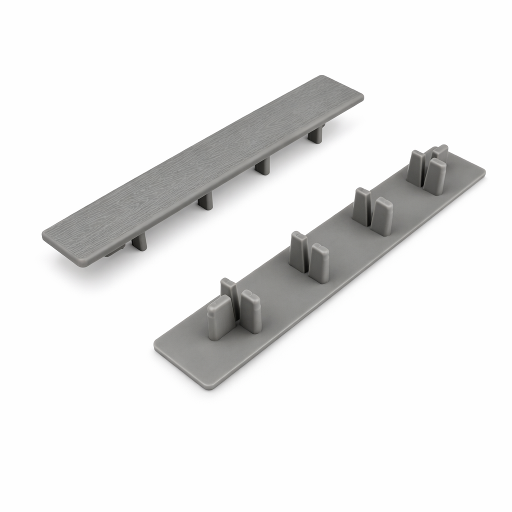 two composite grey decking end caps