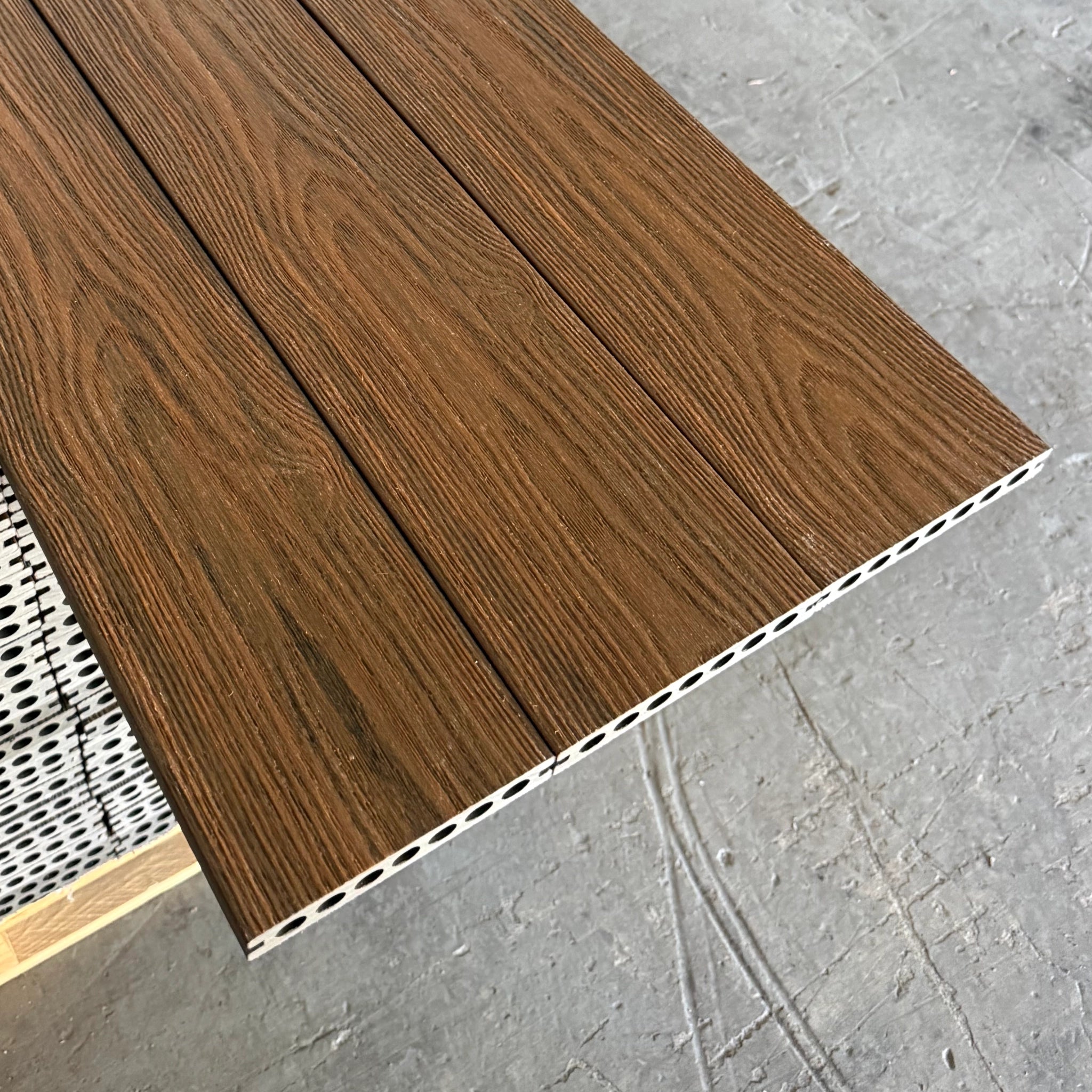 premium Dual-Capped Composite Decking Board – Elm  row of 3 boards