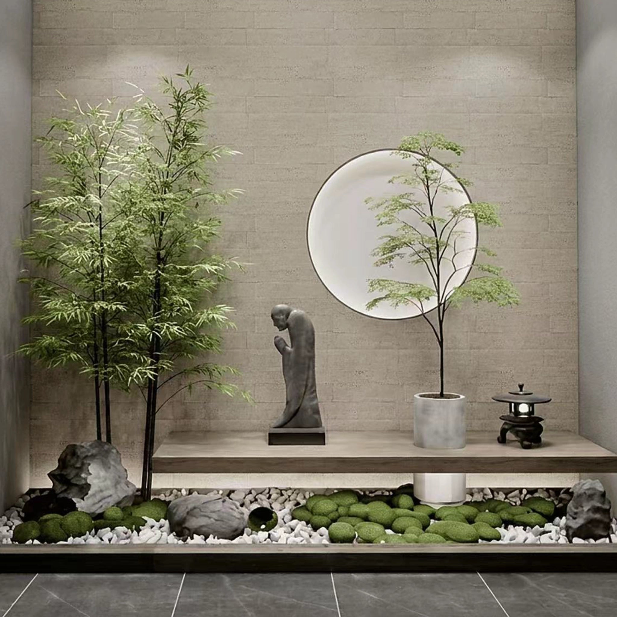 Decorative indoor setting with plants, statue, and stones on a wooden shelf against classic travertine flexistone peel and stick wall.