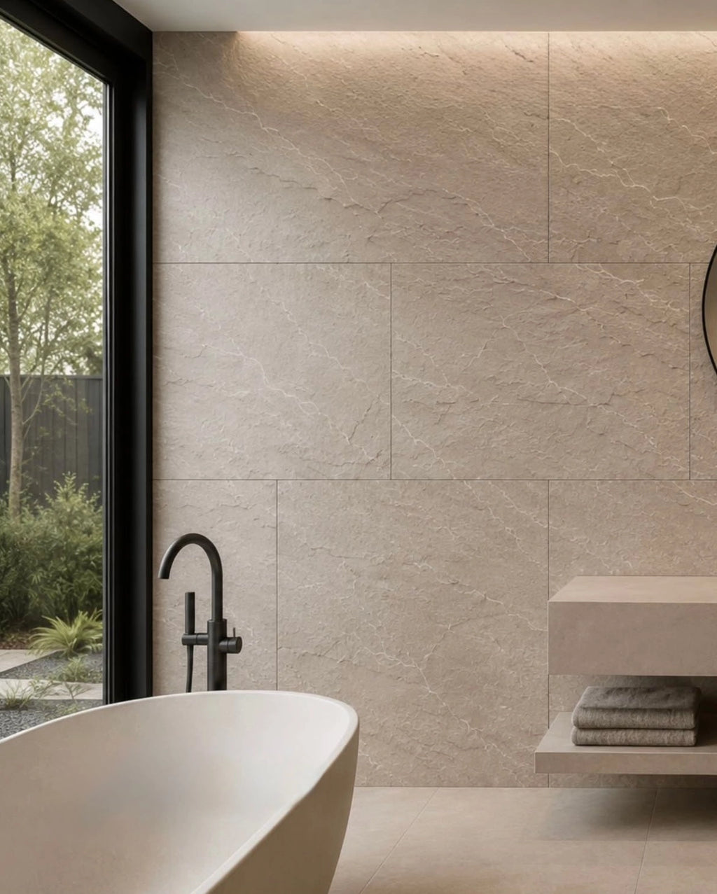 Modern bathroom with a freestanding bathtub against a flexistone wall