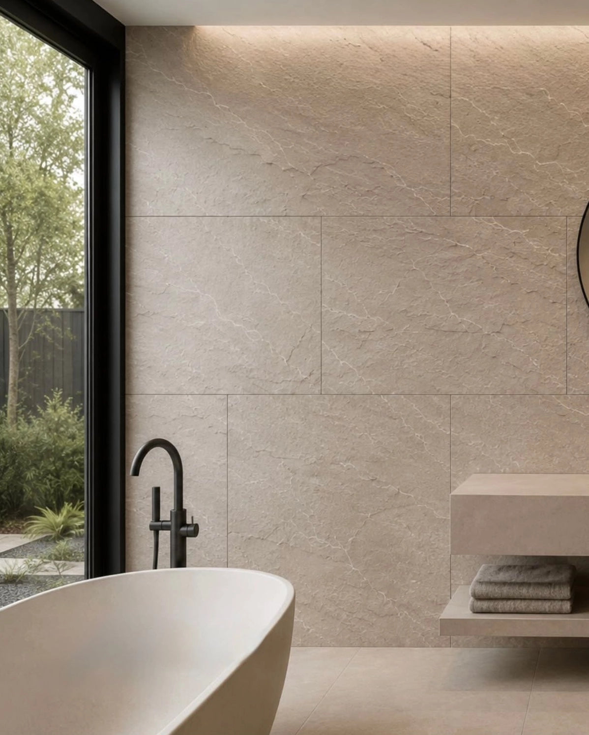 Modern bathroom with a freestanding bathtub against a flexistone wall