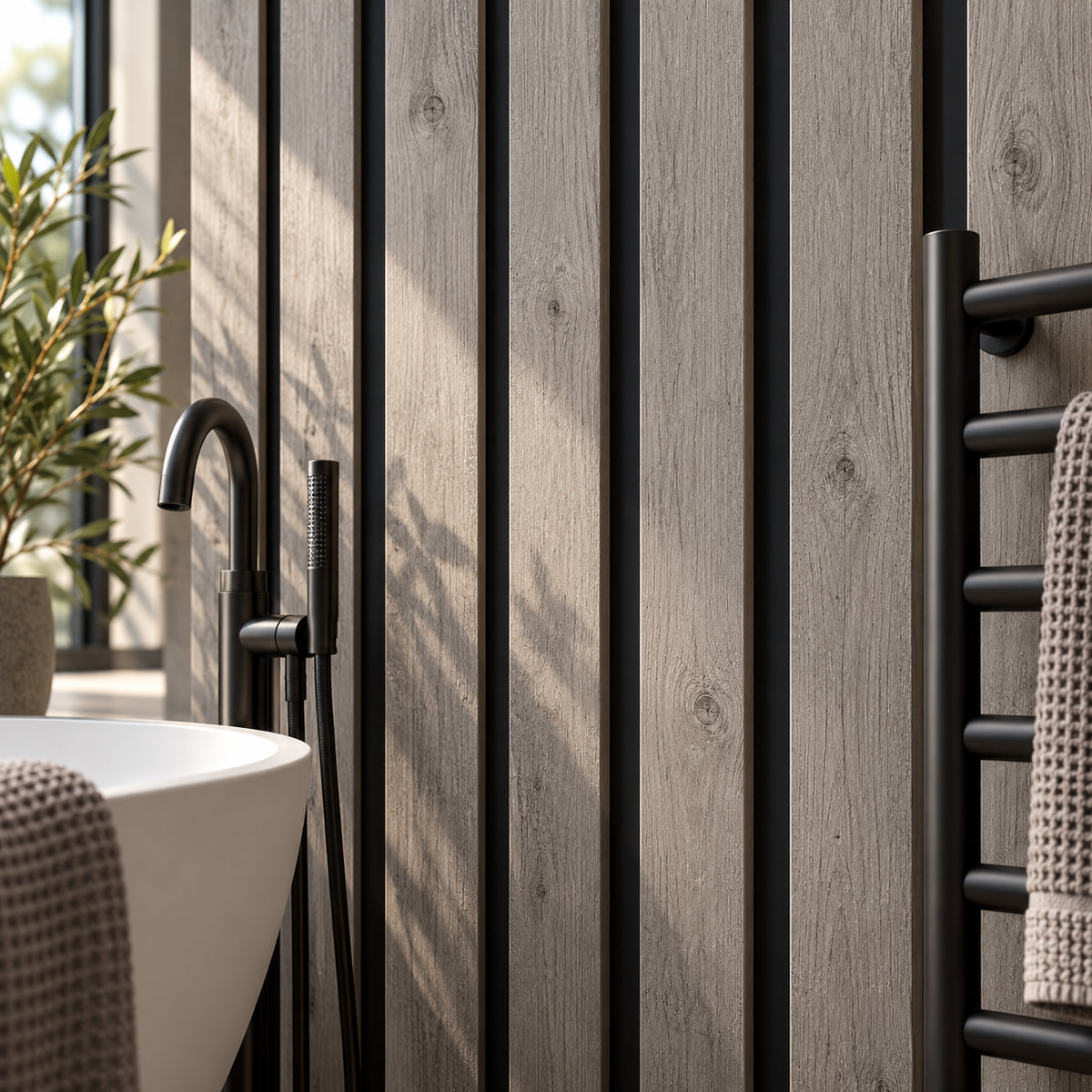 Grey Waterproof Aqua Wall Panels In a Bathroom setting