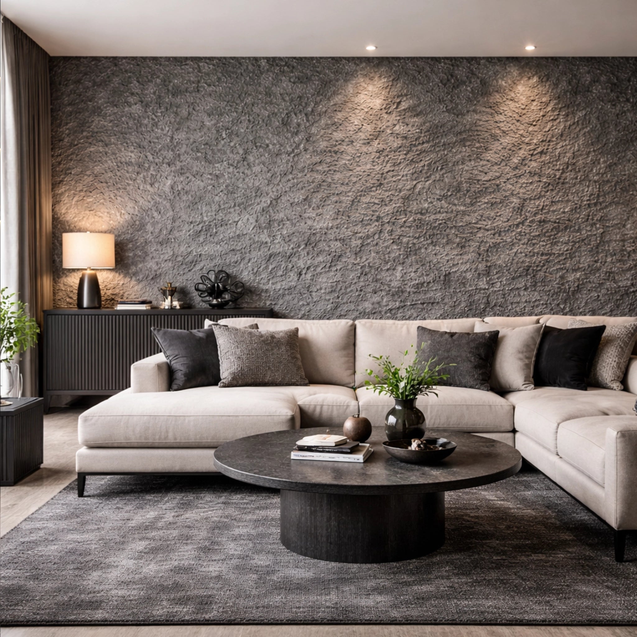 Modern living room with a gray sectional sofa, round wooden coffee table, and Grey Rough Granite Flexistone textured wall.