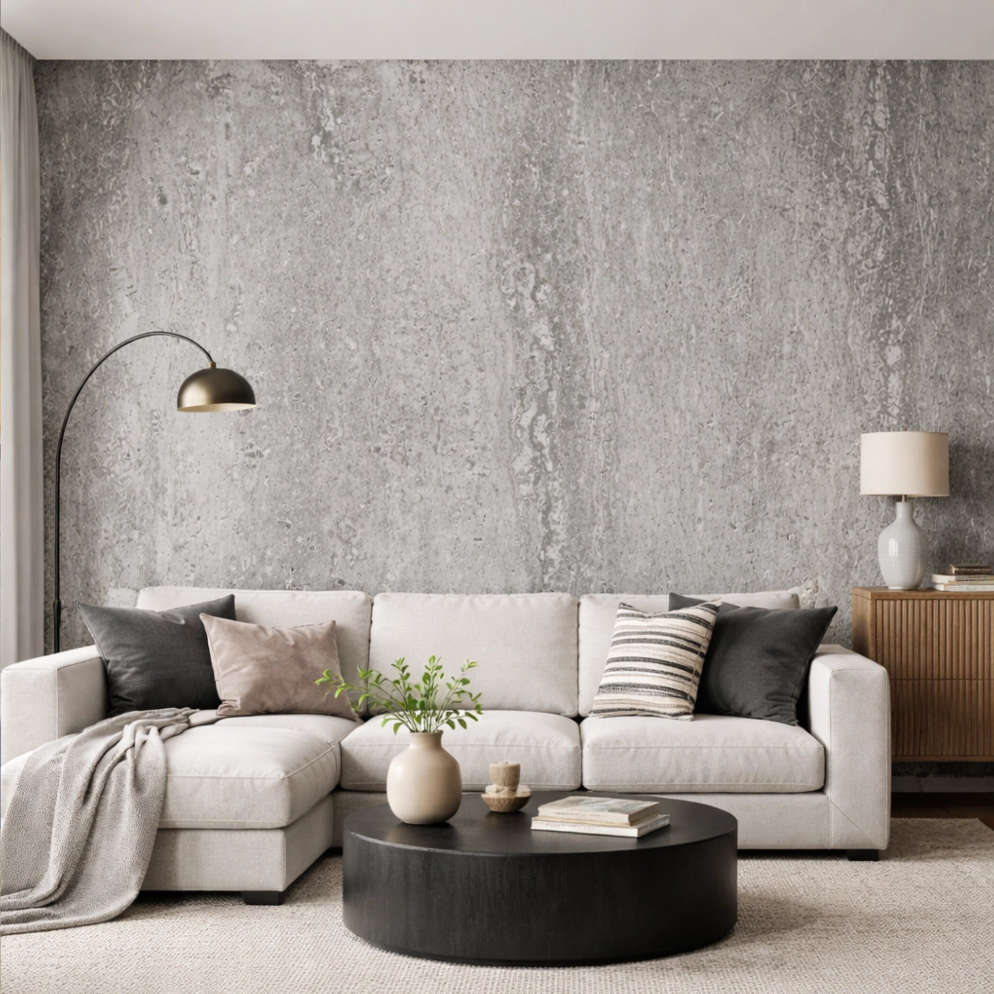 Modern living room with a gray textured wall, white sofa, and decorative items. Flexistone Grey Travertine feature wall