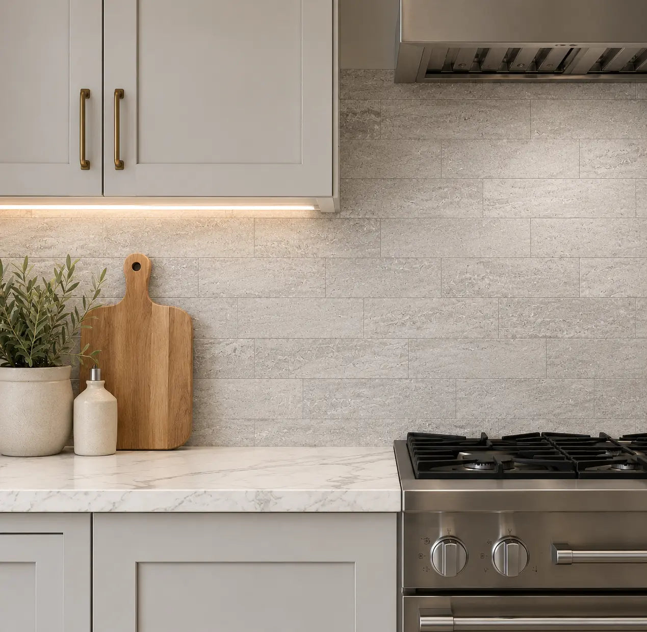 grey Travertine Flexistone Peel And Stick  splashback in a kitchen with a kitchen furnishings