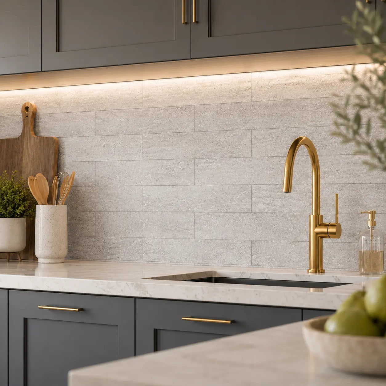 grey travertine Flexistone Peel And Stick  splashback in a kitchen with a tap and kitchen furnishings