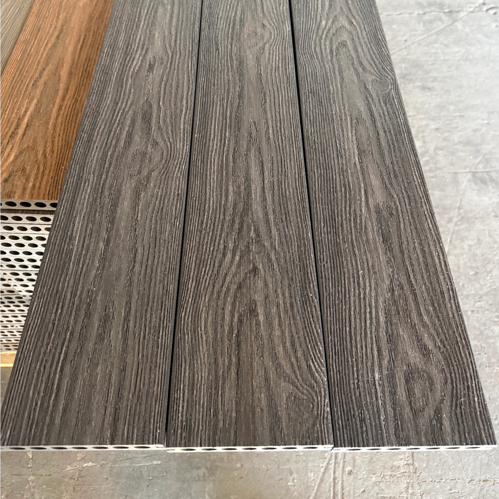 grey Premium Dual-Capped Composite Decking Board close up row of 3 boards side by side