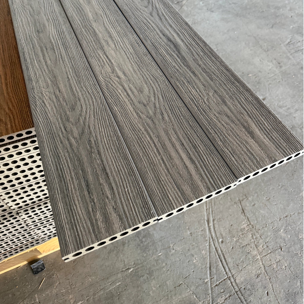 grey Premium Dual-Capped Composite Decking Board close up row of 3 boards