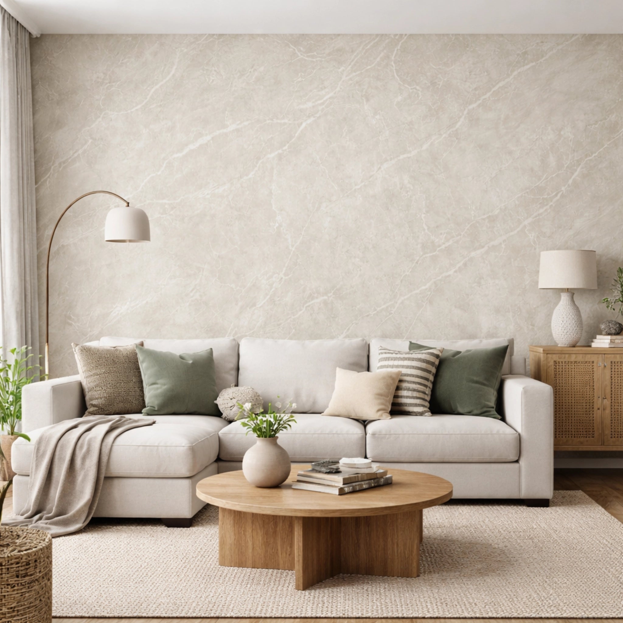 Moden living room with a white sofa, wooden coffee table, and decorative items. Ivory Slate Stone Flexistone feature wall