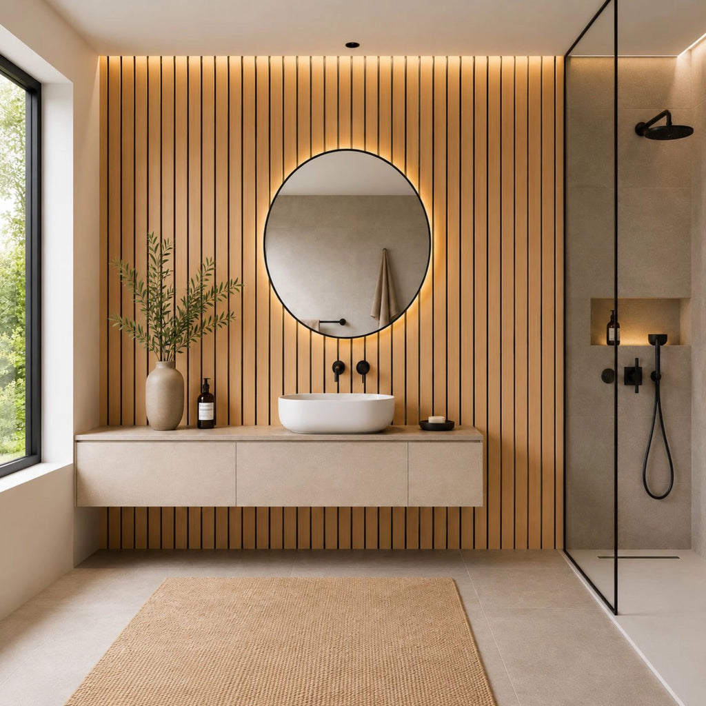 Natural Oak Aqua Slat Lifestyle Image in a bathroom setting