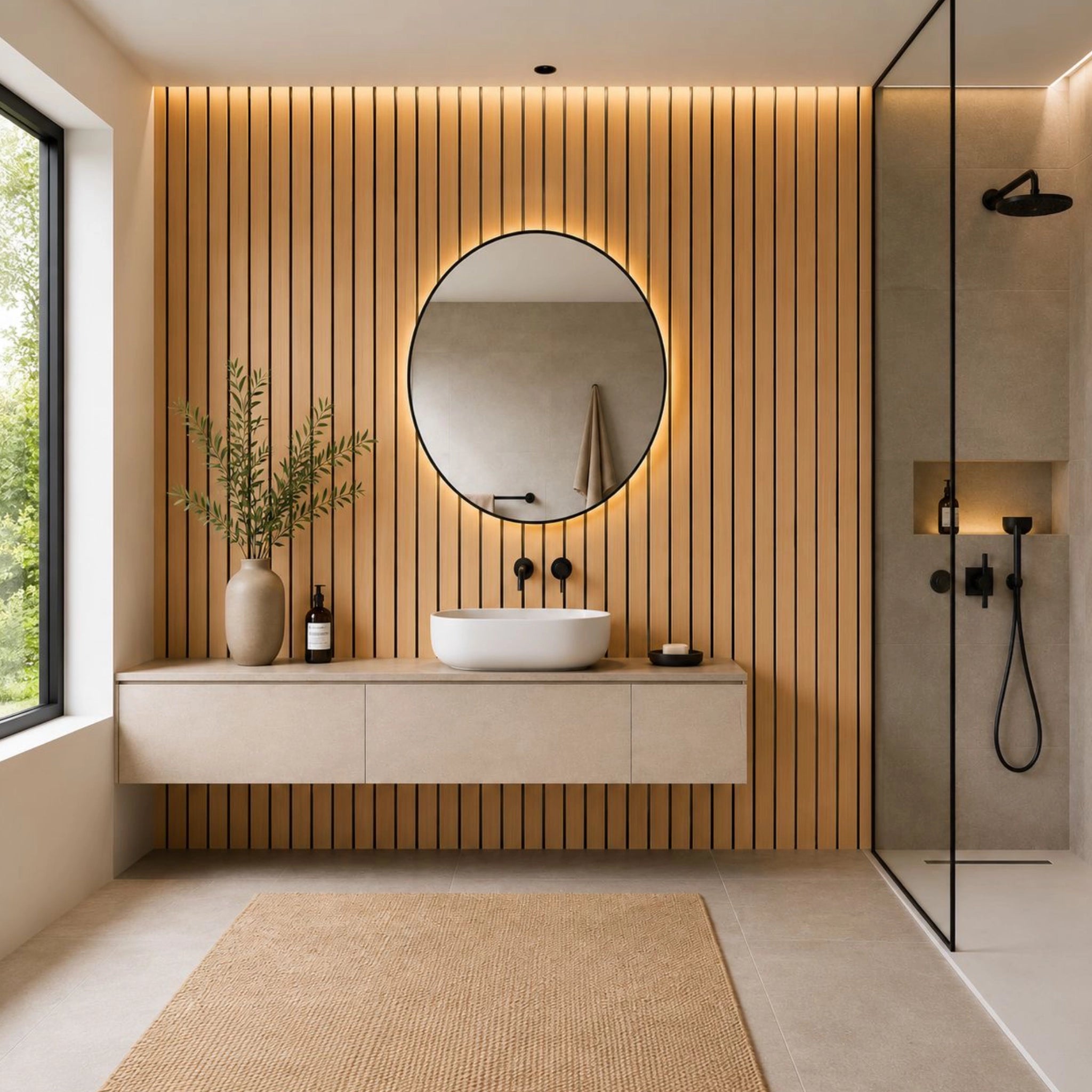 Natural Oak Aqua Slat Lifestyle Image in a bathroom setting