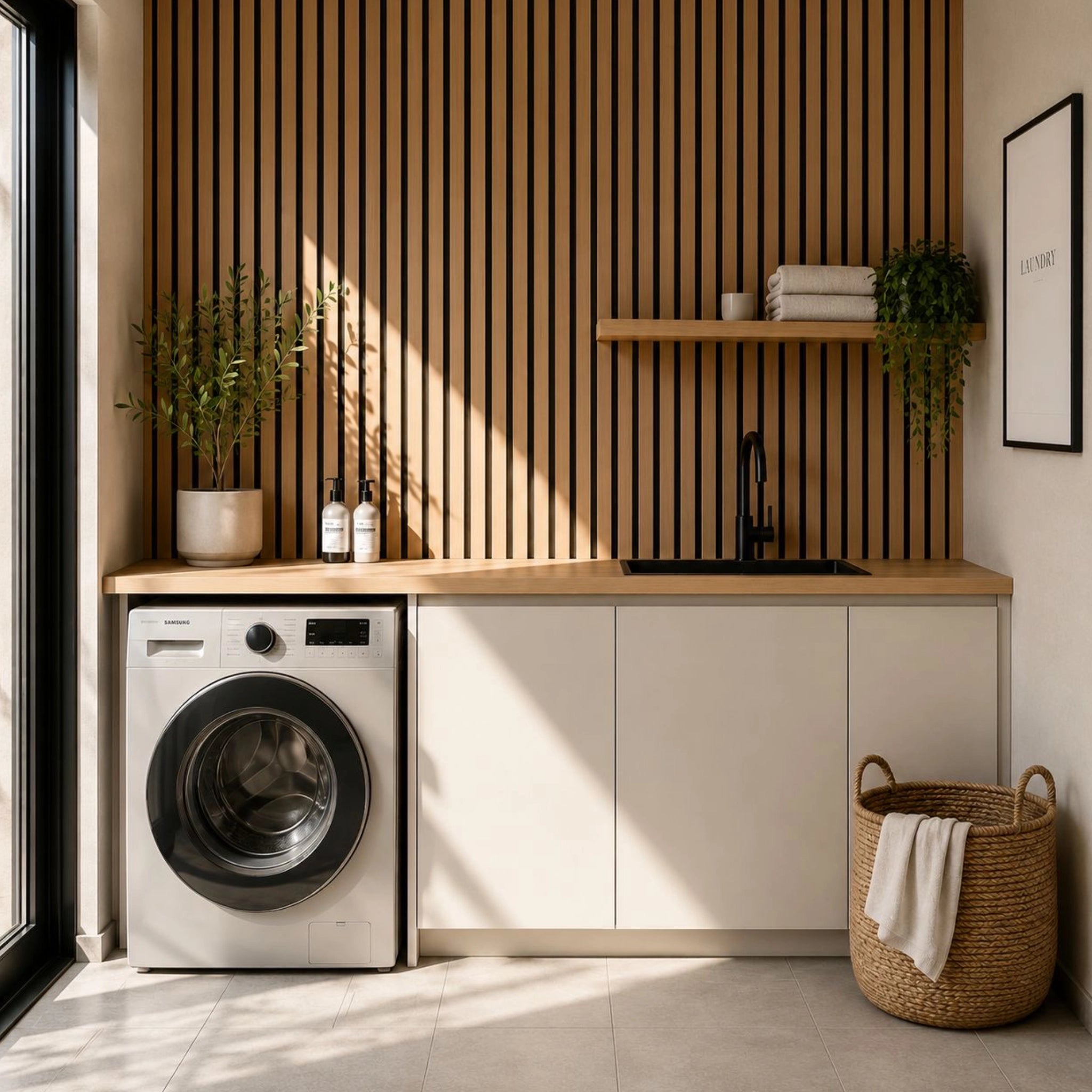 Natural Oak Aqua Slat Lifestyle Image in a utility room setting