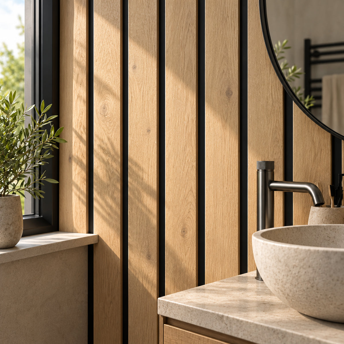 Oak Waterproof Aqua Wall Panels In a Bathroom setting
