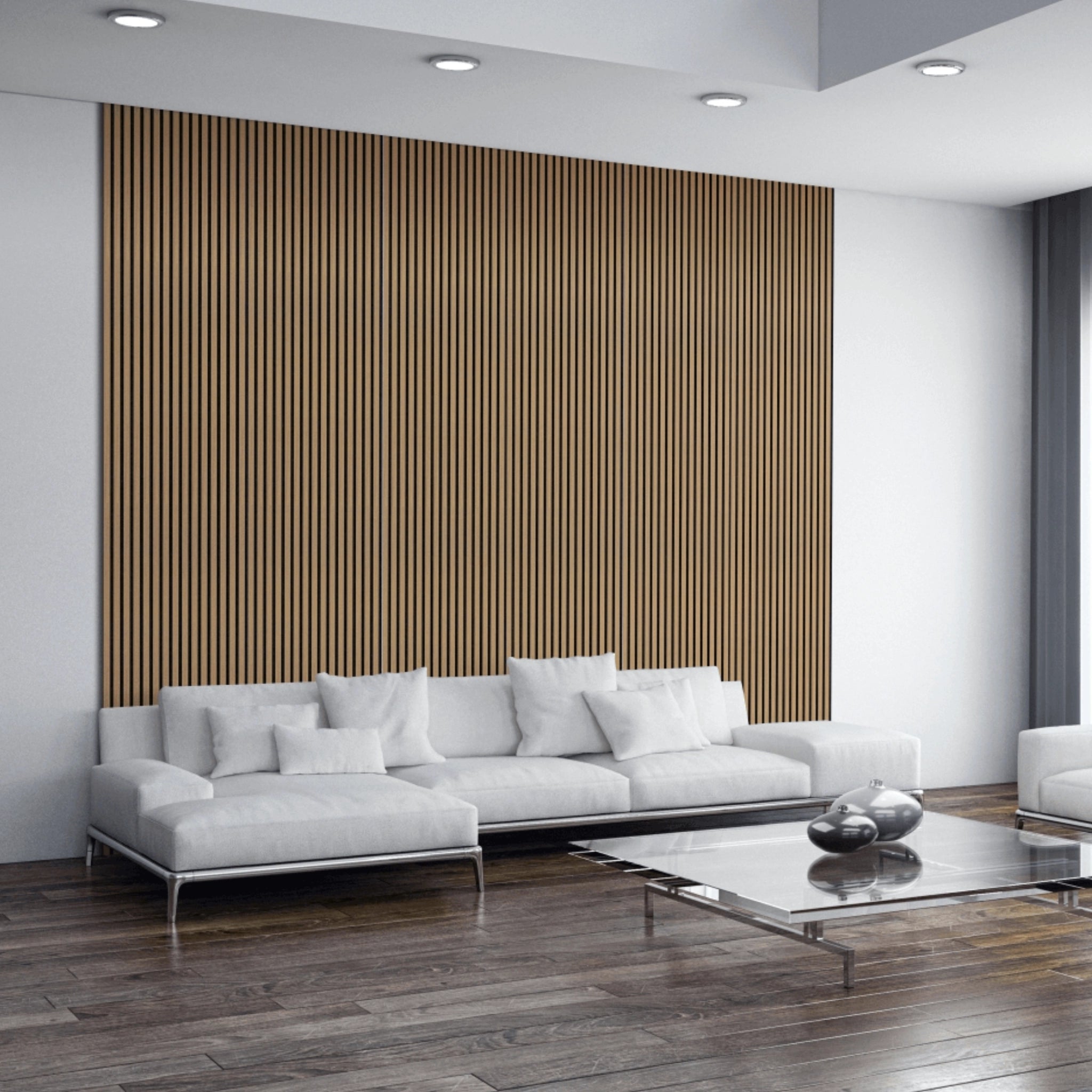 Modern living room with a white sofa and oak accoustic wall paneling.