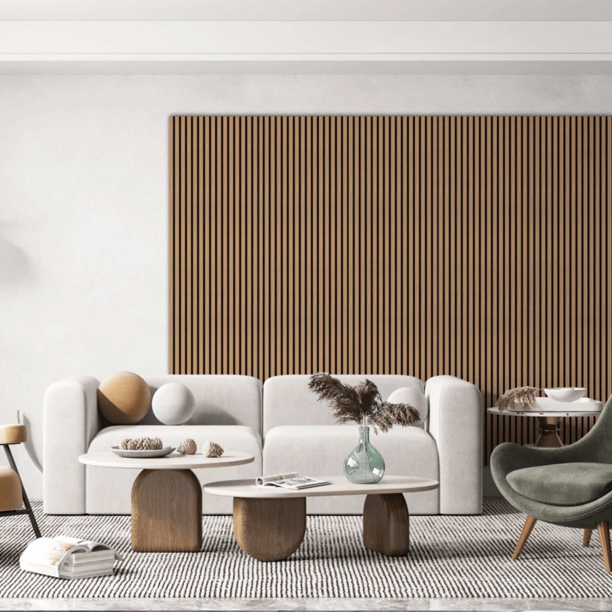 Modern living room with a white sofa, decorative items and oak accoustic wall paneling.