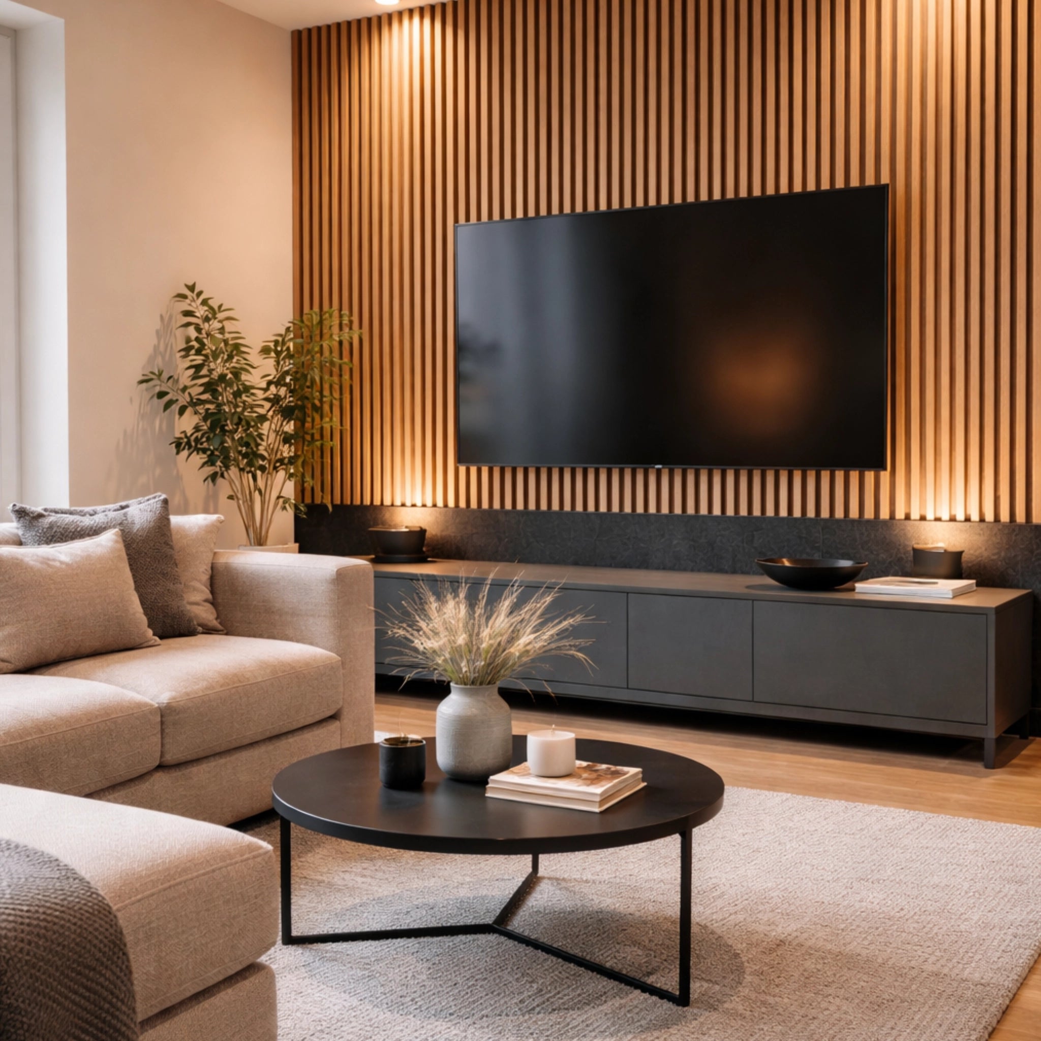 Modern living room with a beige sofa, coffee table, and television mounted on oak acoustic wall panels.