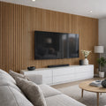 Modern living room with a white sofa, decorative items,  tv mounted on wall and oak accoustic wall paneling.