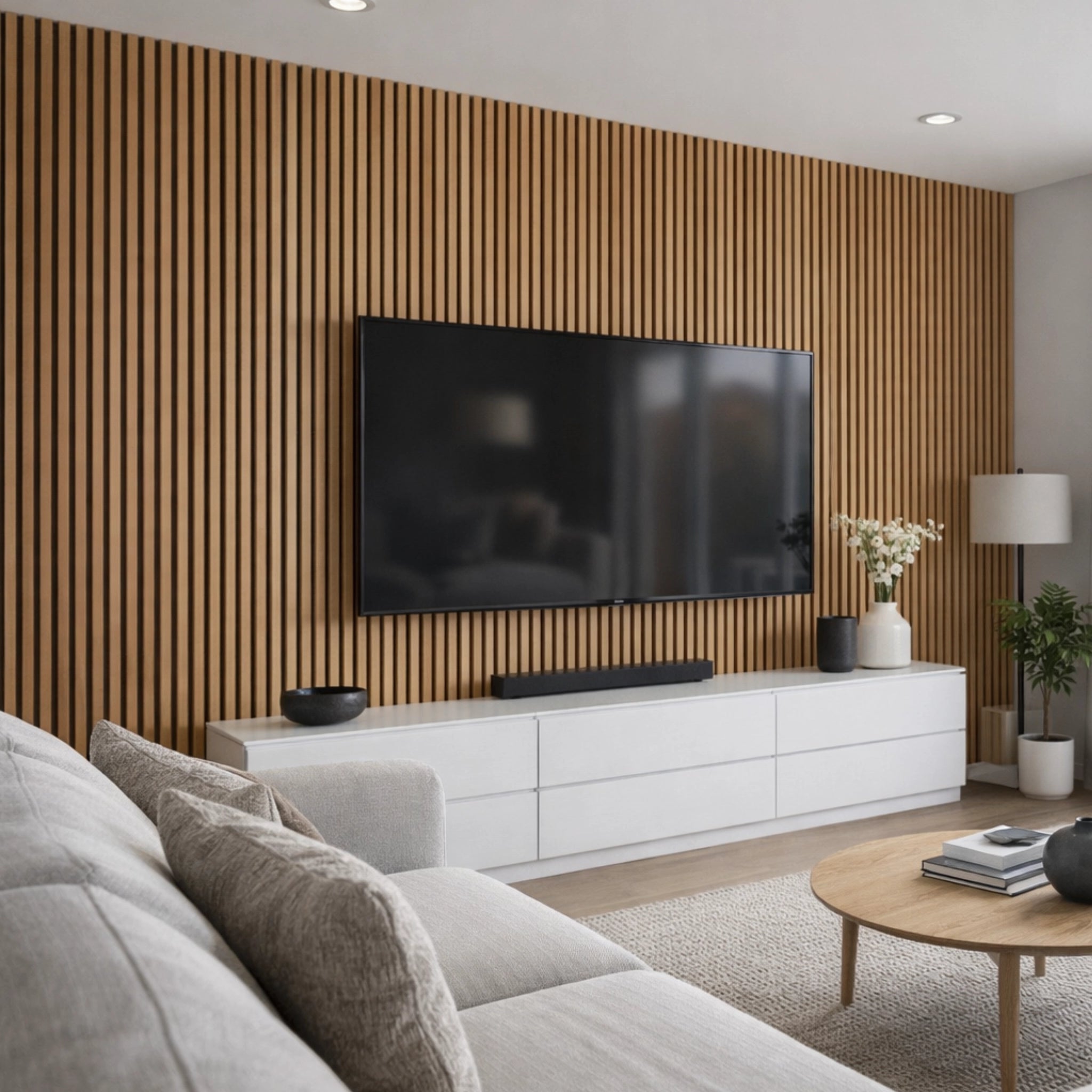 Modern living room with a white sofa, decorative items,  tv mounted on wall and oak accoustic wall paneling.
