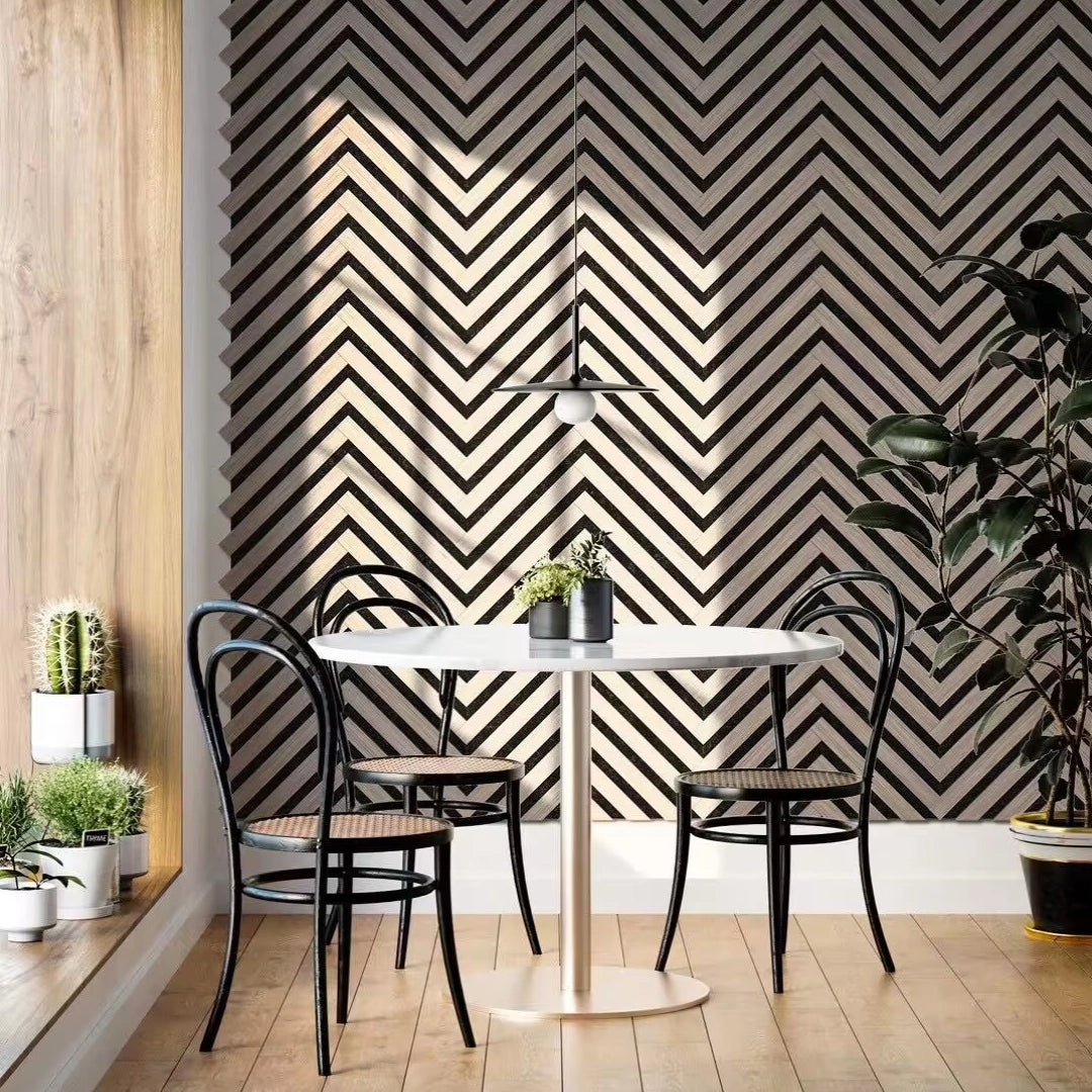 Oak Herringbone Acoustic Wall Panel with table chairs and plants