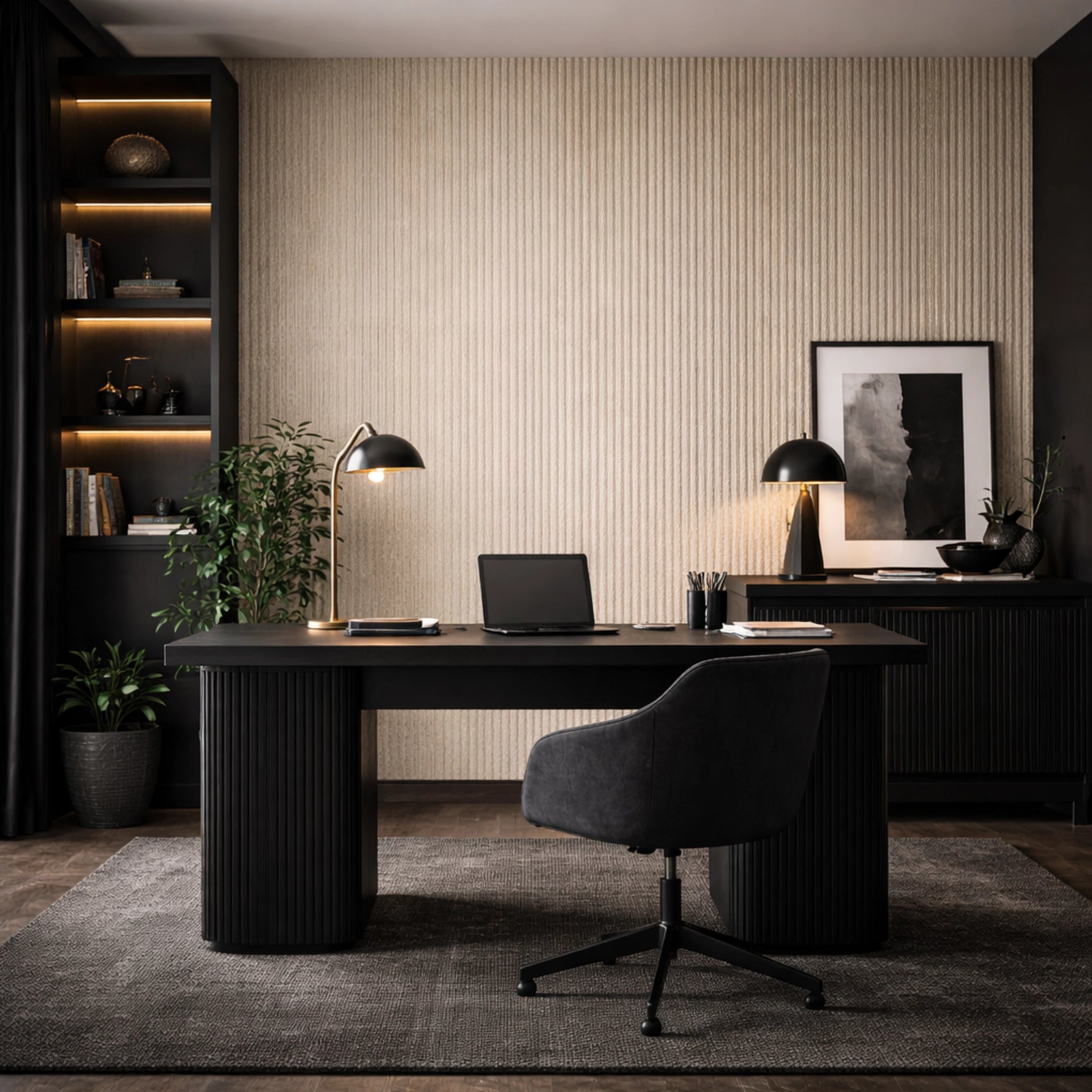 Modern office desk with chair, laptop, and decor in a stylish room. Off White LineStone Flexistone Feature wall