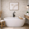 Modern bathroom with a freestanding bathtub, wooden stool, and abstract art on the wall. Off white flexstone peel and stick